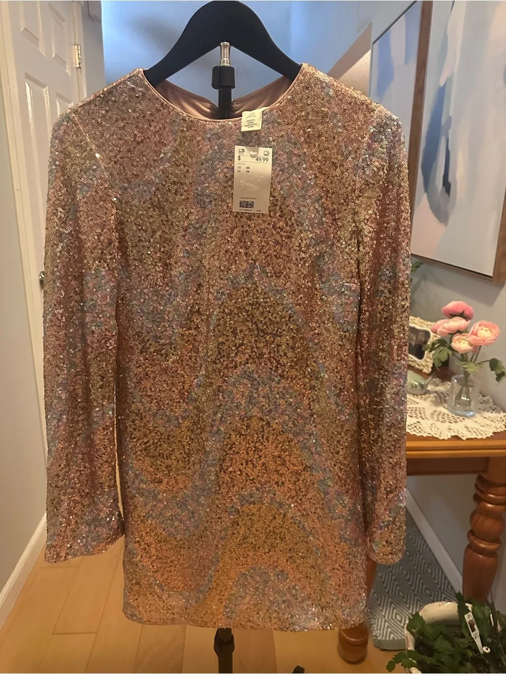 H&M Glitter Sequin Shift Dress - Gold, Rose Gold and Silver Swirl XS